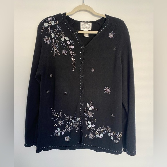 Stitches in Time Sweater Medium Black Embroidered Embellished Floral Cardigan - Picture 1 of 15